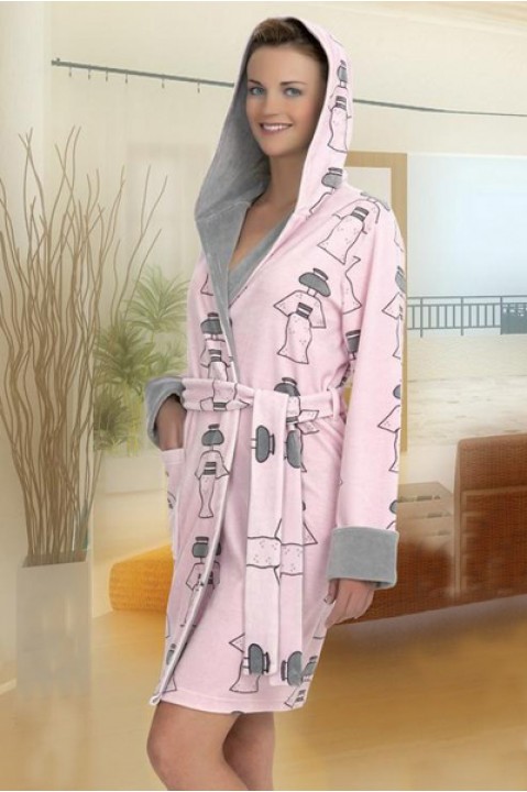 Жіночий халат з капюшоном довгий рукав на запах сірий Cocoon 14006